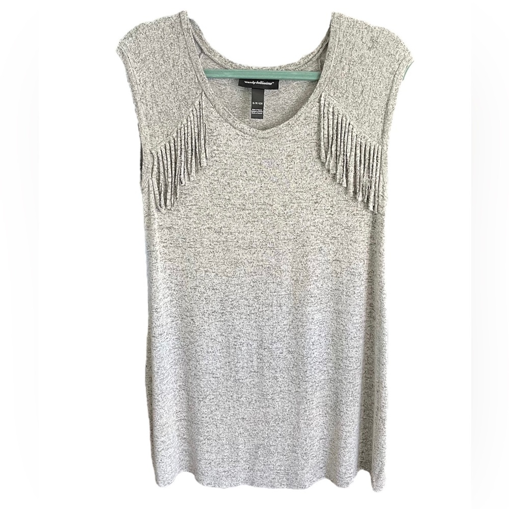Wendy Bellissimo Sleeveless Heather Gray Dress With Fringe Detail On Front